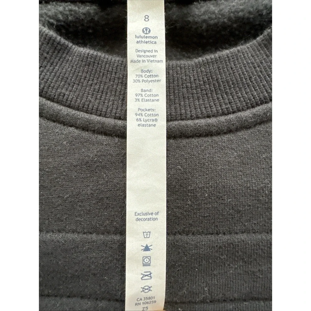 Lululemon Pullover Women Black Sz 8 Fleece Be True Crewneck Side Zips Quilt Patt
